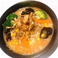 Megumi Vegetable Miso Ramen · Cabbage, bean sprouts, scallion, onion, corn, broccoli, and fungus. 