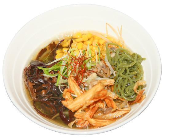 Vegetarian Ramen · Green noodle with homemade vegetable soup with large amount of vegetables. Mushroom, fungus, scallion, bean sprouts and corn.