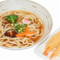 Shrimp Tempura Udon · 3 shrimp tempura, mushroom, carrot, fish cake, scallion and broccoli.