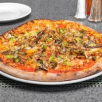 Vegetariana Pizza · Grilled vegetables, smoked mozzarella, garlic, tomato and Parmigiano Reggiano. Vegetarian.