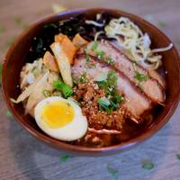 R3. Spicy KimChi Ramen · Clear spicy pork broth, thin noodles topped with special spicy ground pork, soft boiled egg,...