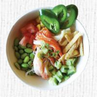 Dragon Bowl · Crabmeat, cucumber, edamame, tomato, jalapeno, mango, spicy mayo and eel sauce top with ging...