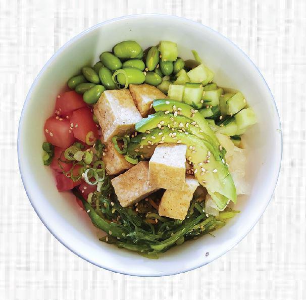 Vegie Bowl · Tofu, cucumber, edamame, tomato, avocado, seaweed salad, yakisoba sauce top with ginger, scallion, sesame seed, wonton crisp, and tempura flakes.