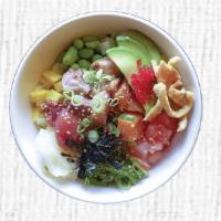 R&B Poke Bowl · Salmon, Tuna, Yellow-tail, cucumber, edamame, pineapple, mango, tomato, avocado, seaweed sal...