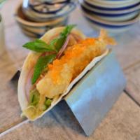 Shrimp Tempura Taco · shrimp tempura with lettuce, jalapeno, avocado, tomato,cucumber top with spicy mayo, masago,...