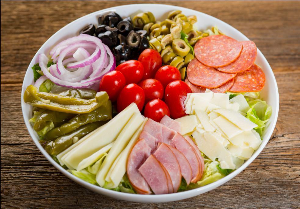 Rosati's Antipasto Salad · Romaine and iceberg lettuce, spinach leaves, green pepper, red onion, black and green olives, pepperoni, Canadian bacon, grape tomato, mozzarella cheese, and shaved Asiago cheese.