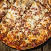 Meat Mania Pizza · Gourmet Italian sausage, meatball, and pepperoni with bacon on top.