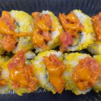 Sunset Maki · Crab, Avacado, Cucumber, Mayo, Tempura Crunch and Spicy Ahi