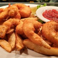 Beer Battered Shrimp · A 1/2 dozen shrimp dipped to order in fat tire beer batter and deep fried, served with pub c...