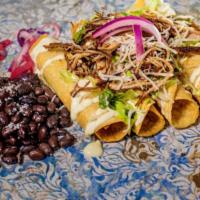 3. Rolled tacos · Comes with your choice of meat, beans and rice.