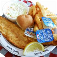 Hand-Breaded Haddock Fish Dinner · Served with coleslaw, French fries, tartar sauce and a dinner roll.