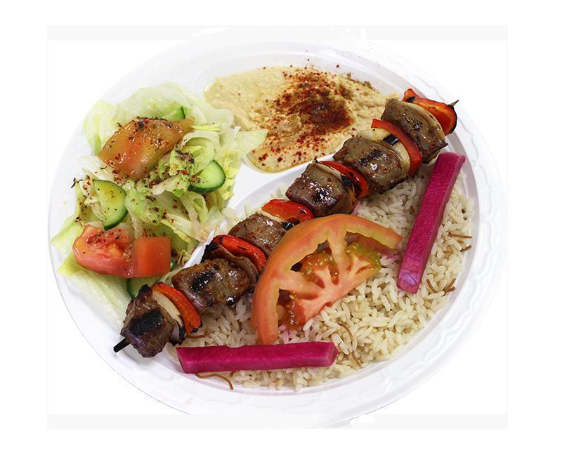 Lamb Kabob Plate · Grilled lamb cubes with a special blend of seasonings.