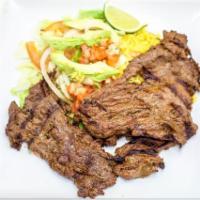 Carne Asada Special · Sliced flap sirloin steak with rice, salad, avocado, pico de gallo.