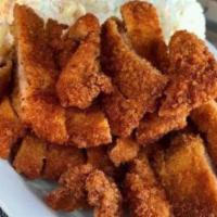 Chicken Katsu · Panko breaded chicken thighs, katsu sauce, or brown gravy. Served with 2 scoops of rice and ...