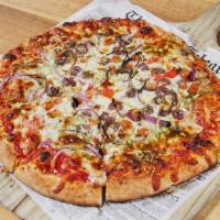 Greek Pizza · Mozzarella, feta, onions, tomatoes, Kalamata olives, pizza sauce and zaatar.