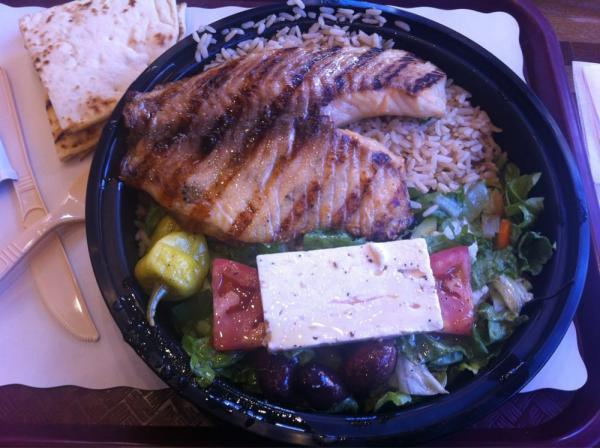 Grilled Tilapia · Served with rice, grilled vegetables, pita and salad. 
