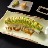 Dragon Roll · 8 pieces. Eel with cucumber and avocado outside.