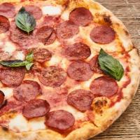 Pizza Diavola · San Marzano tomatoes, mozzarella, pepperoni, basil, chili oil.