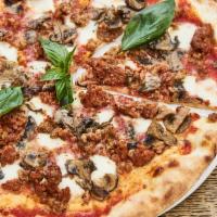 Pizza Salsiccia · Tomatoes, mozzarella, mushrooms, and sweet Italian sausage.