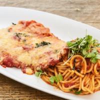 Chicken Parmigiana · Served with spaghetti pomodoro.