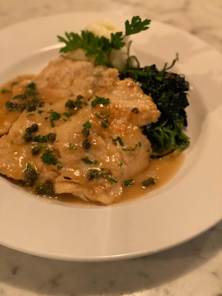 Pollo Picatta · Chicken breast, lemon capers sauce, spinach, mashed potatoes