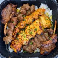 Sofreh Kabob TRAY ( 3 PEOPLE )  · COMES WITH 1 SKEWER OF CHICKEN SHISH KABOB, 1 SKEWER OF BEEF LULE, 1 SKEWER OF CHICKEN LULE,...