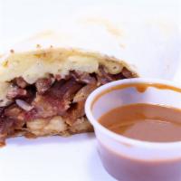 Mac Burrito  · Mac and cheese, fried chicken, sauteed onions, bacon and BBQ sauce all wrapped in tortilla a...