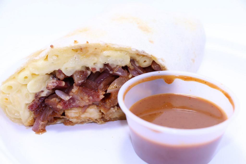 Mac Burrito  · Mac and cheese, fried chicken, sauteed onions, bacon and BBQ sauce all wrapped in tortilla and love    