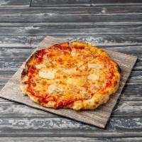 Quattro Formaggio Pizza · Tomato Sauce, shredded mozzarella, Asiago, gorgonzola cheese, topped with Asiago Romano Parm...