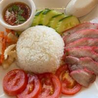 Kow Moo Dang(BBQ pork on Rice) · Rice,BBQ red pork,cucumber,tomato,pickle carrot