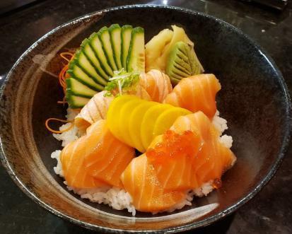 Sake Don · Raw. 10 pieces of salmon sashimi over sushi rice.