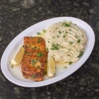 Grilled Salmon · Grilled salmon with garlic butter lemon sauce, served with choice of mashed potatoes or rice...