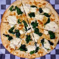 BF WHITE PIZZA · Our homemade savory white sauce with Ricotta and Spinach on hand tossed New York dough