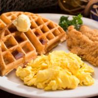 Gold Medal Chicken & Waffles · Our butter crisp Belgian waffle served with hand breaded chicken tenders and 2 eggs any  sty...