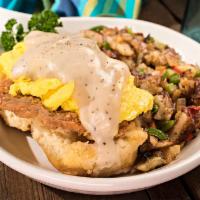 Tom's Scramble · A scratch made buttermilk biscuit topped with your choice of a sausage patty or a chicken fr...