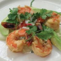 Marinated Shrimp with Cucumbers and Avocado · Four 16/20 shrimp sauteed and tossed in citrus vinaigrette with rice wine vinegar and garnis...