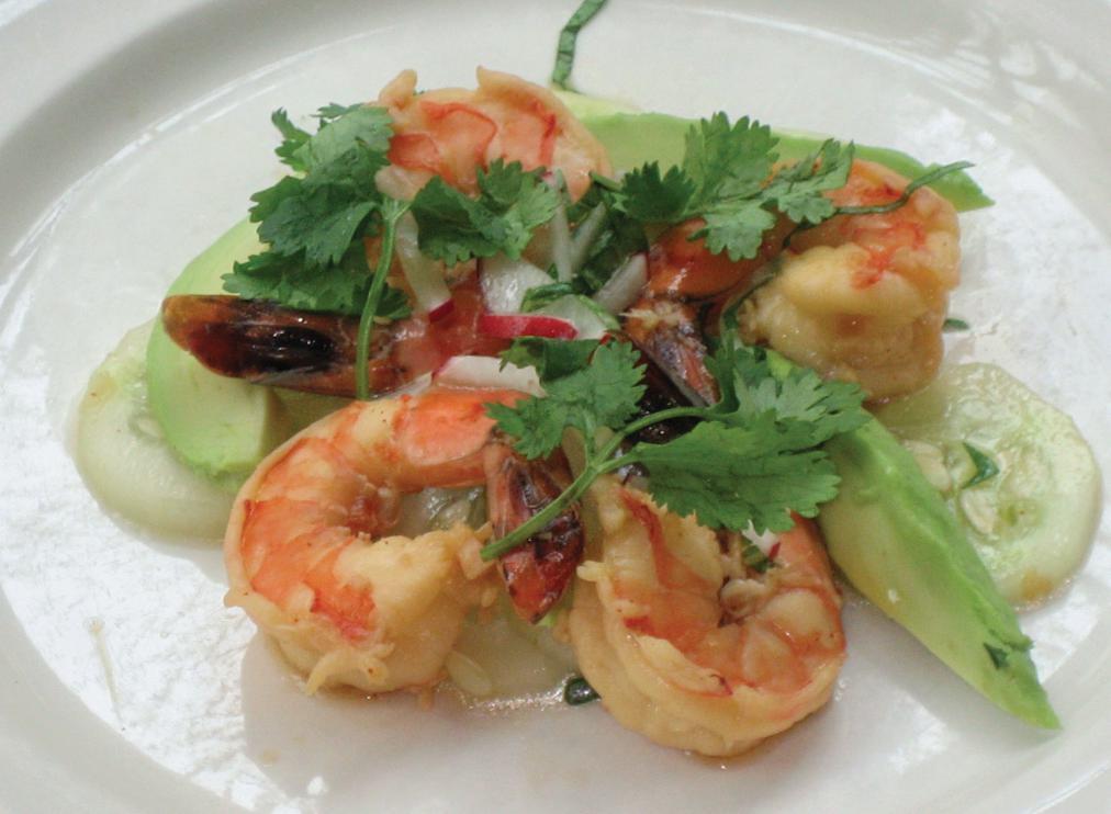 Marinated Shrimp with Cucumbers and Avocado · Four 16/20 shrimp sauteed and tossed in citrus vinaigrette with rice wine vinegar and garnished with cilantro and radish.