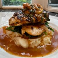 Lemon Sage Chicken  · Grilled Breast of Chicken with Lemon and Sage,Sauteed Spinach and Mashed Potatoes