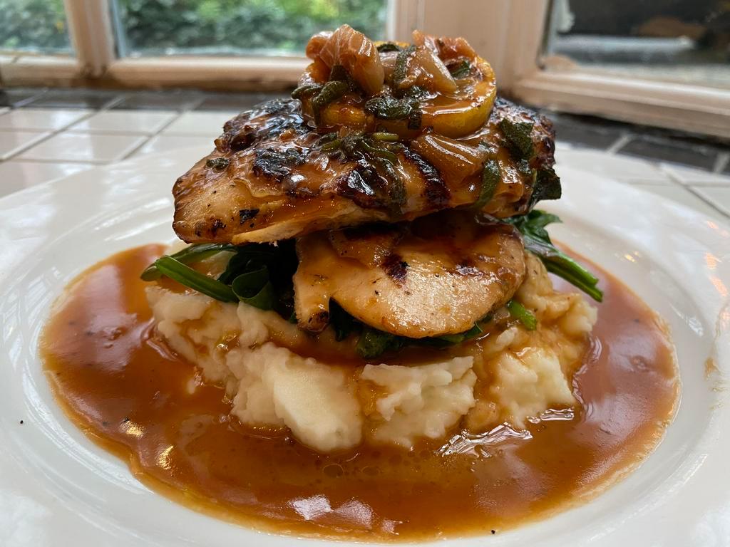 Lemon Sage Chicken  · Grilled Breast of Chicken with Lemon and Sage,Sauteed Spinach and Mashed Potatoes
