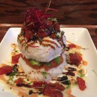 AHI TOWER · -SUSHI RICE, SPICY TUNA, AVOCADO, SRAB MEAT, AND AHI TUNA WITH 4 DIFFERENT KINDS OF CAVIAR, ...
