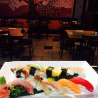 SUSHI OMAKASE  (10PCS OF SUSHI) · Ahi tuna, Salmon, yellowtail, albacore, shrimp, Red snapper, Japanese sweet egg, salmon egg,...