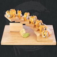 Sunset roll · real crab meat and tempura crunchy side, topped with seared salmon and house spicy honey may...