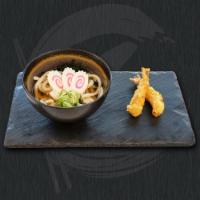 Udon noodle soup · Thick wheat noodle in a clear broth. Your choice of shrimp tempura (3 pieces) OR sauteed veg...