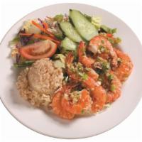Healthy Garlic Shrimp Plate · Succulent shrimp sauteed in garlic butter. Served with brown rice and tossed salad.