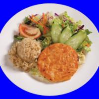 Healthier Salmon Patty Plate · A flavorful grilled salmon patty. Served with brown rice and tossed salad.