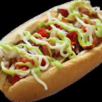 Sonoran Style Hot Dog Combo · Hotdog, bun, grilled onions, avocado spread, pinto beans, tomato, fresh onions, bacon and ma...
