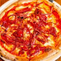 Pizza Calabria · Mama lil's mild peppers, calabrian salame, roasted sweet onions, mozzarella, San marzano pas...