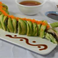 2. Green Dragon Roll · Eel, cucumber inside, topped with avocado.