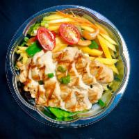 Grilled Chicken Mango Salad (SL4) · Grilled chicken breast on top shredded mango, avocado, red onions, scallions, cashew nuts wi...