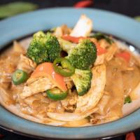 Drunken Noodle (N2) · Sauteed flat noodle with egg, bell peppers, long hot chili, onions, broccoli, basil leaves, ...